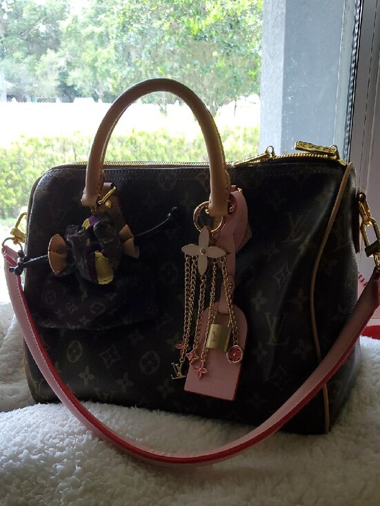 Handbags - Brown Monogram Satchel with Pink Strap and Gold Hardware